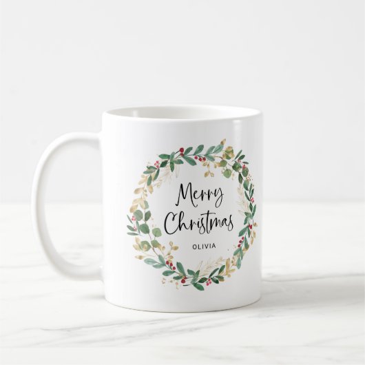 Moderner Kranz und Skript | Frohe Weihnachten Kaffeetasse (Links)