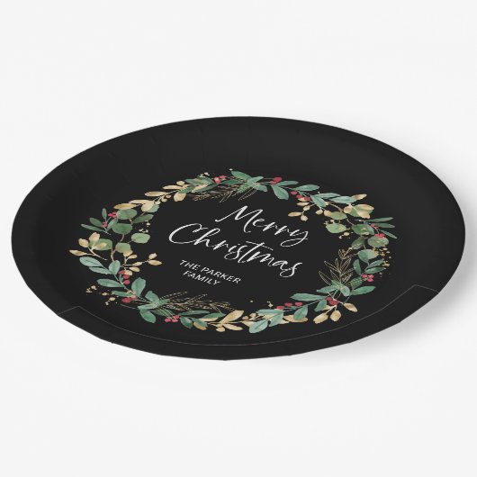Moderner Kranz und Skript | Frohe Weihnachten Pappteller (Schrägansicht)