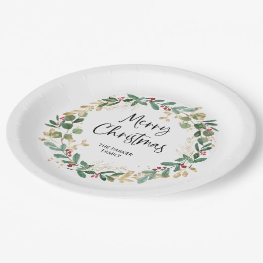 Moderner Kranz und Skript | Frohe Weihnachten Pappteller (Schrägansicht)