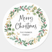 Moderner Kranz und Skript | Frohe Weihnachten Runder Aufkleber (Vorderseite)