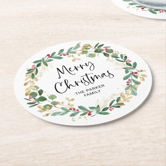 Moderner Kranz und Skript | Frohe Weihnachten Runder Pappuntersetzer (Angewinkelt)