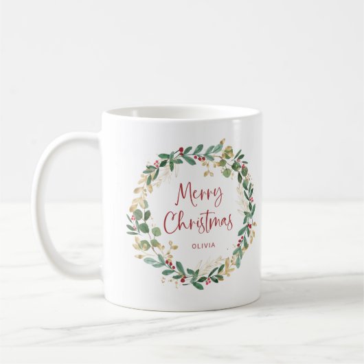 Moderner Kranz und Skript | Rotes Frohe Weihnachte Kaffeetasse (Links)