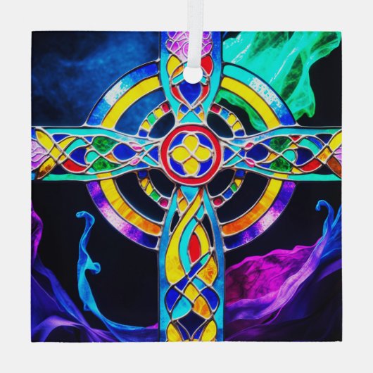 Moderner, kreuz-lebendiger Farbensuncatcher Ornament Aus Glas (Rückseite)