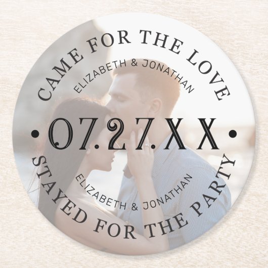 Moderner, kundenspezifischer Hochzeitspapier-Unter Runder Pappuntersetzer (Vorderseite)