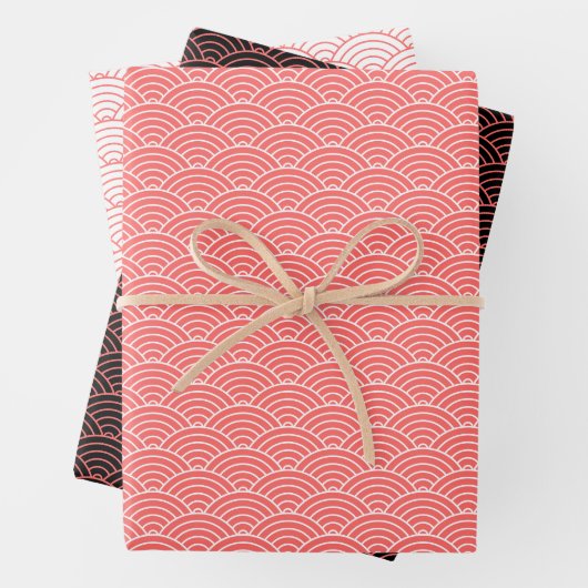 Moderner Lachs Schwarz-weiße japanische Wave Geschenkpapier Set (Beispiel)