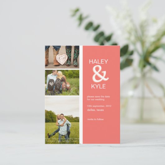 Moderner Lachs und weißes Save the Date Foto Postk Ankündigungspostkarte (Stehend Vorderseite)