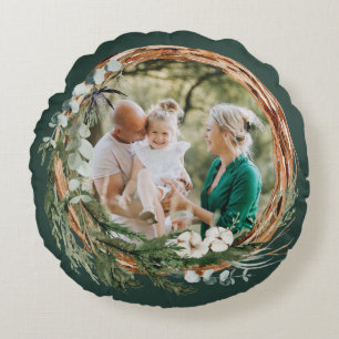 Moderner Laubkranz Foto Weihnachtsgrün Rundes Kissen