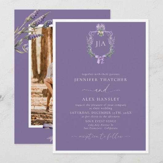 Moderner Lavendel | Monogramm-Foto-Hochzeit Einladung (Vorne/Hinten)