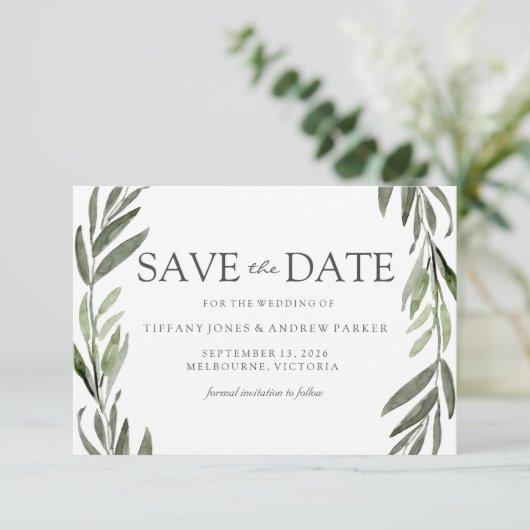 Moderner Leaf Kreath lädt Save the Date ein (Stehend Vorderseite)