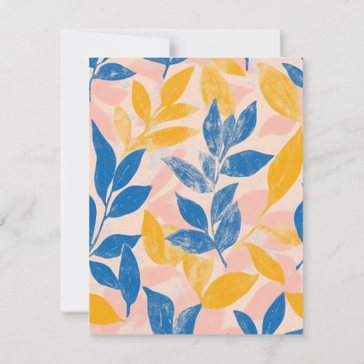 Moderner Leafy Lithograph, fett blau, gelb, rosa Save The Date (Rückseite)