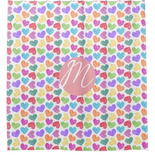 Moderner, lebendiger Regenbogen Doodle Hearts Mit Duschvorhang (Vorderseite)