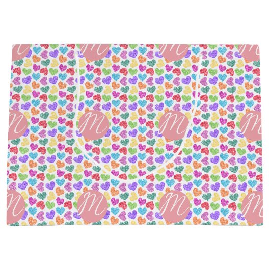 Moderner, lebendiger Regenbogen Doodle Hearts Mit Große Geschenktüte (Vorderseite)