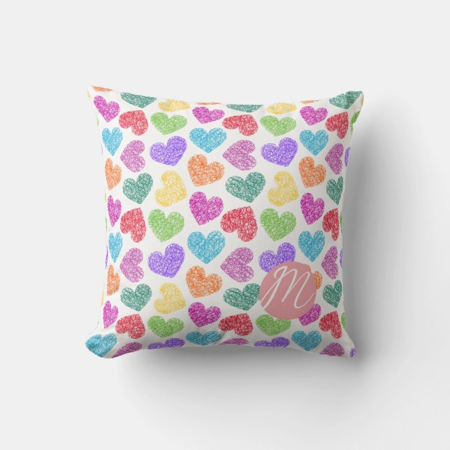 Moderner, lebendiger Regenbogen Doodle Hearts Mit  Kissen (Vorderseite)