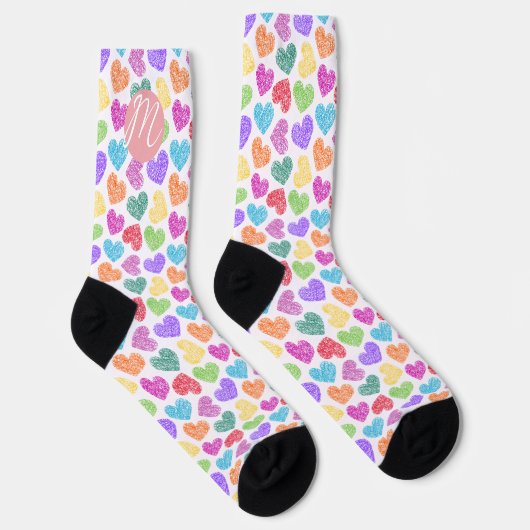 Moderner, lebendiger Regenbogen Doodle Hearts Mit  Socken (Rechts)