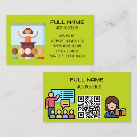 Moderner Lehrer-QR-Code Limettengrün Schule Visitenkarte (Vorne/Hinten)