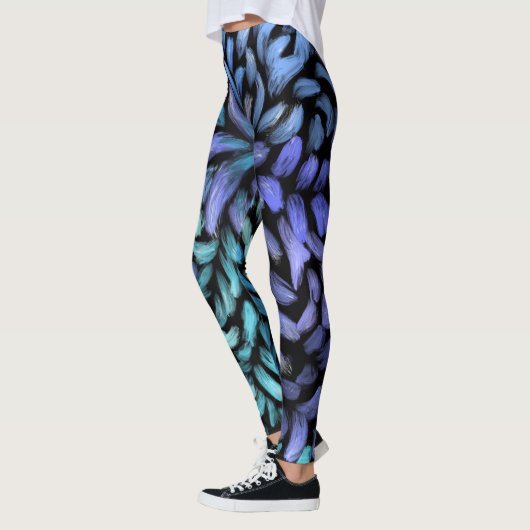 Moderner Leinendruck mit aquamarinen und blauen Bl Leggings (Links)