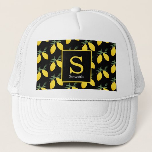 Moderner Lemon Citrus Monogram Name Trucker Hat Truckerkappe (Vorderseite)