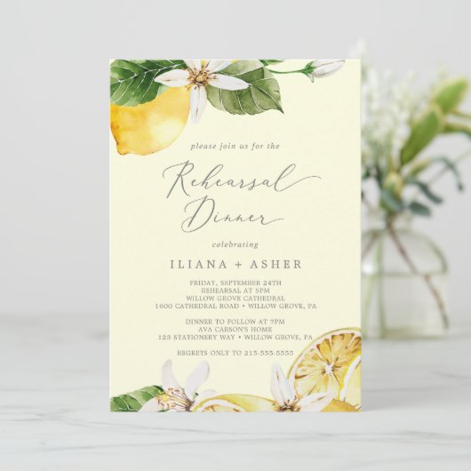 Moderner Lemon Garden | Gelbe Probe Abendessen Einladung (Stehend Vorderseite)