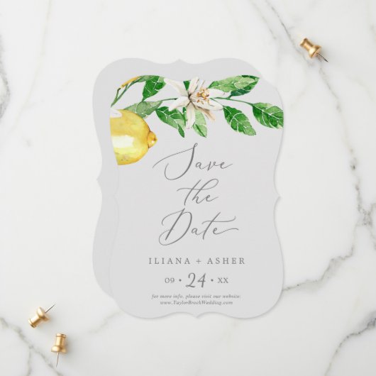 Moderner Lemon Garden | Graue Hochzeit Save The Date (Vorderseite/Rückseite Beispiel)