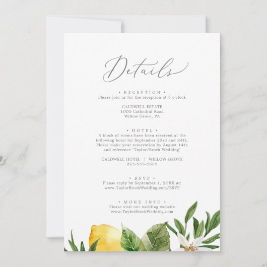 Moderner Lemon-Garten auf einer Hochzeit Einladung (Rückseite)