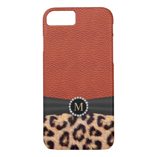 Moderner Leopard-Druck-rotes ledernes Monogramm Case-Mate iPhone Hülle (Rückseite)