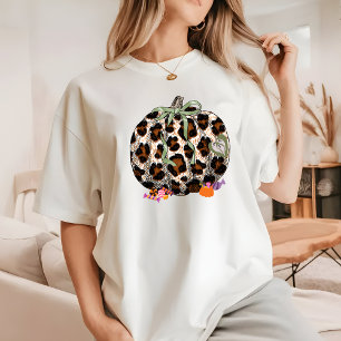 Moderner Leopard-Kürbis Retro Süß Halloween Damen T-Shirt