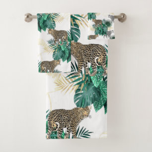 Moderner Leopard und tropischer Blätterentwurf Badhandtuch Set