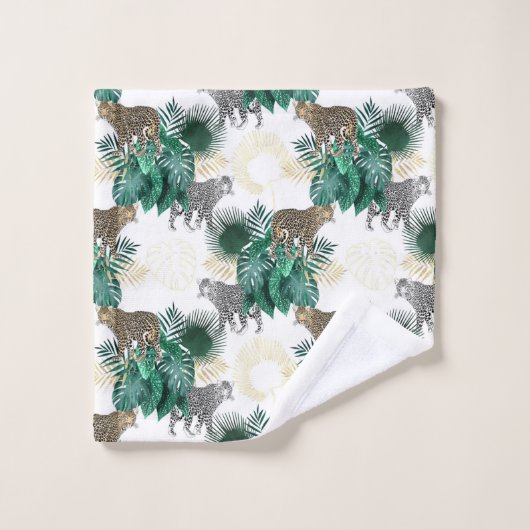 Moderner Leopard und tropischer Blätterentwurf Badhandtuch Set (Waschlappen)