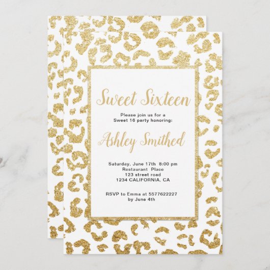 Moderner Leopardmuster-ImitatgoldGlitter Bonbon 16 Einladung (Vorne/Hinten)
