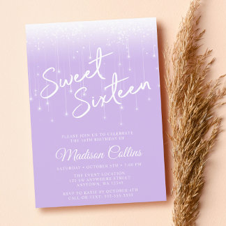 Moderner Lights Lavendel und Weißer Sweet 16 Einladung