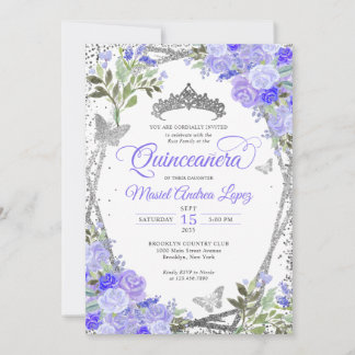 Moderner Lila Blumenglam Silver Tiara Quinceañera Einladung