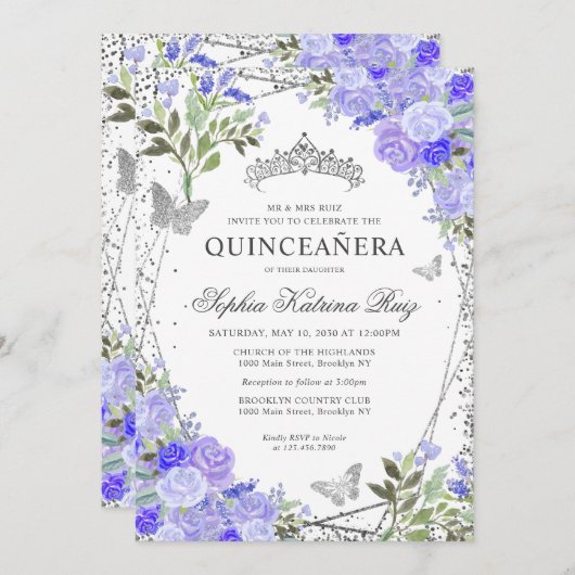 Moderner Lila Blumenglam Silver Tiara Quinceañera Einladung (Vorne/Hinten)