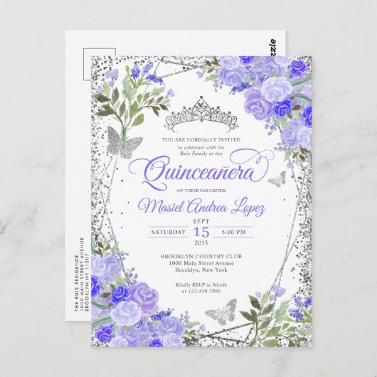 Moderner Lila Blumenglam Silver Tiara Quinceañera Postkarte (Vorne/Hinten)