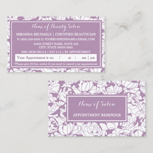 Moderner Lila Blumensalon Erinnerung für Anstellun Terminkarte (Vorne/Hinten)