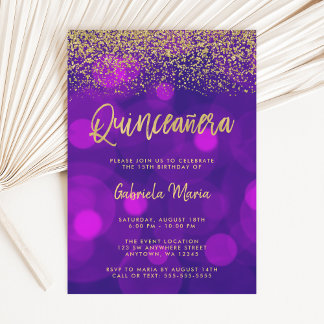 Moderner Lila Bokeh Gold Glitzer Quinceanera Einladung