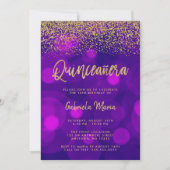 Moderner Lila Bokeh Gold Glitzer Quinceanera Einladung (Vorderseite)
