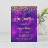 Moderner Lila Bokeh Gold Glitzer Quinceanera Einladung (Stehend Vorderseite)