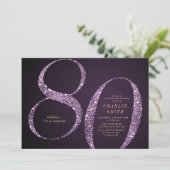 Moderner lila Glitzer, 80. Geburtstag Einladung (Stehend Vorderseite)