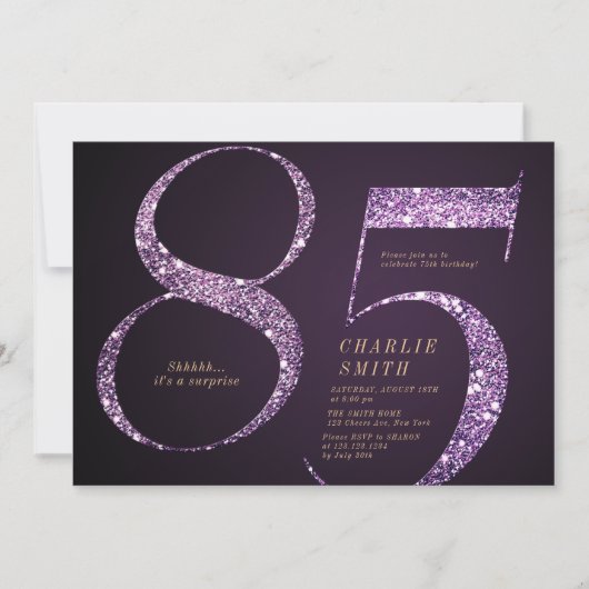 Moderner lila Glitzer, 85. Geburtstag Einladung (Vorderseite)