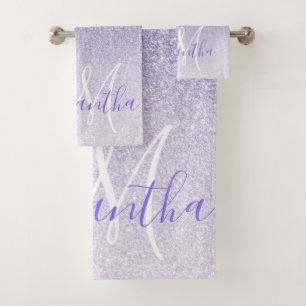 Moderner Lila Glitzer Glitzern Personalisiert Name Badhandtuch Set
