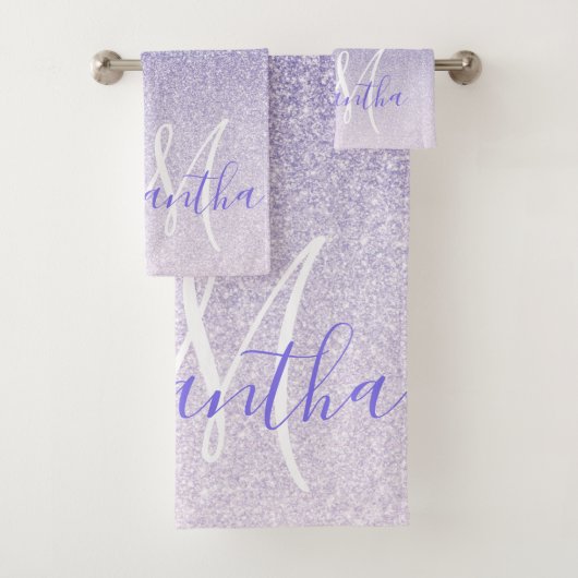 Moderner Lila Glitzer Glitzern Personalisiert Name Badhandtuch Set (Insitu)