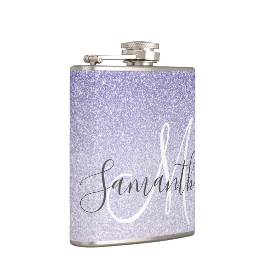 Moderner Lila Glitzer Glitzern Personalisiert Name Flachmann (Rechts)