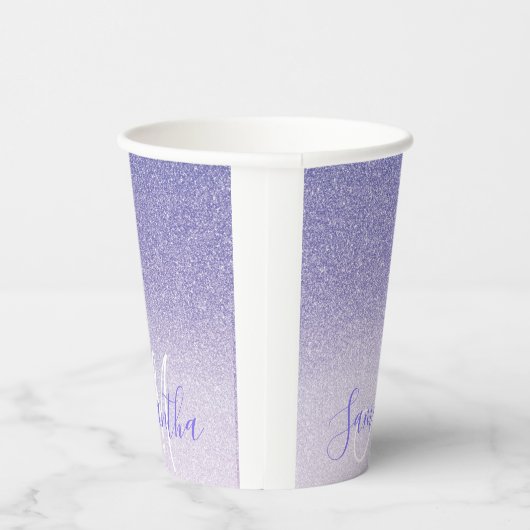 Moderner Lila Glitzer Glitzern Personalisiert Name Pappbecher (Rechts)