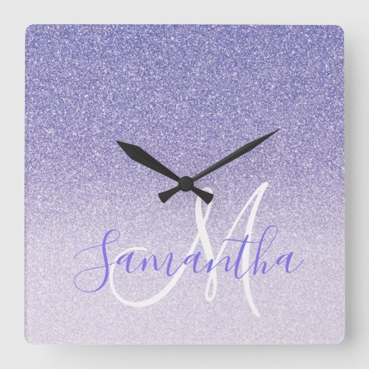 Moderner Lila Glitzer Glitzern Personalisiert Name Quadratische Wanduhr (Vorderseite)