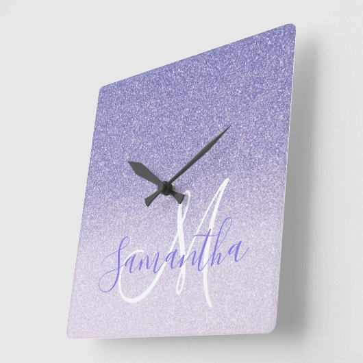 Moderner Lila Glitzer Glitzern Personalisiert Name Quadratische Wanduhr (Winkel)