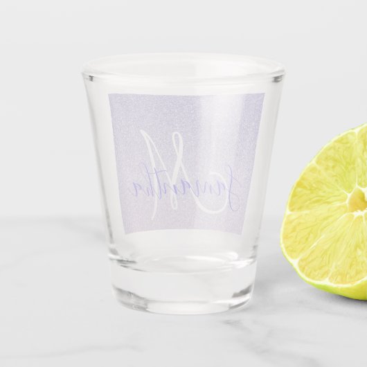 Moderner Lila Glitzer Glitzern Personalisiert Name Schnapsglas (Rückseite)