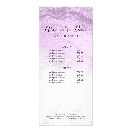 Moderner, lila Glitzer-Marmor-Makeup-Künstler Werbekarte (Hinten)
