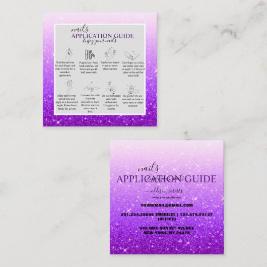 Moderner Lila Glitzer Nail Application Guide Quadratische Visitenkarte (Vorne/Hinten)