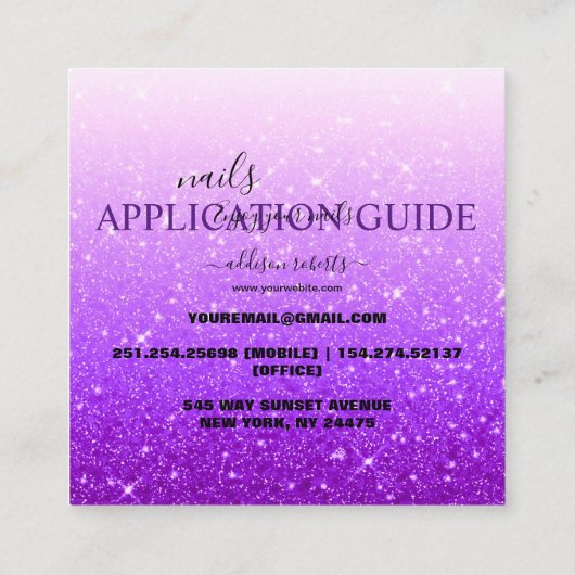 Moderner Lila Glitzer Nail Application Guide Quadratische Visitenkarte (Rückseite)
