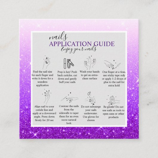 Moderner Lila Glitzer Nail Application Guide Quadratische Visitenkarte (Vorderseite)